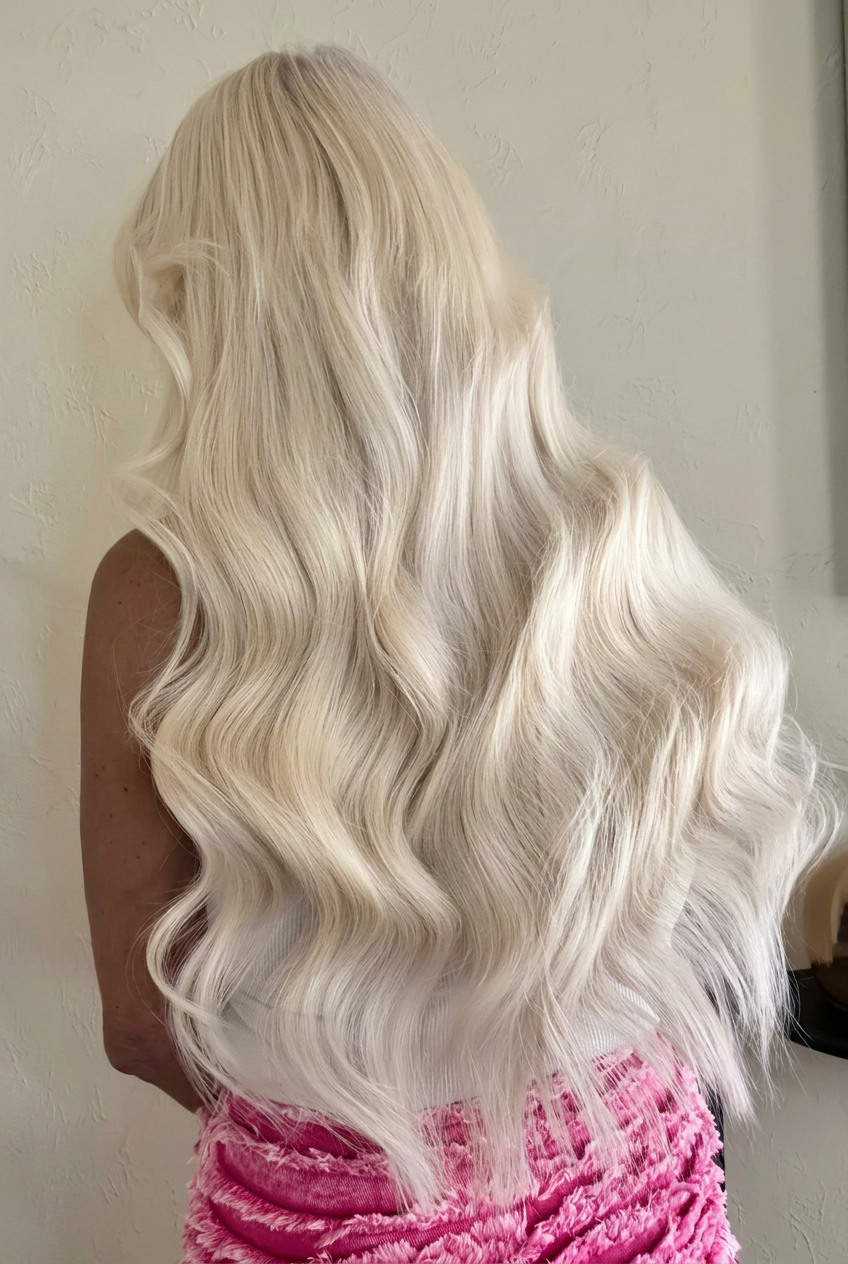 Long platinum blonde waves styled at Sal's Hair Studio, Perth
